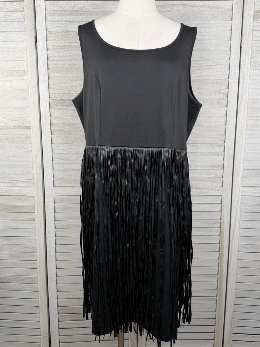 LANE BRYANT Women's Plus Size Black Faux Leather Fringe Tank Dress-20